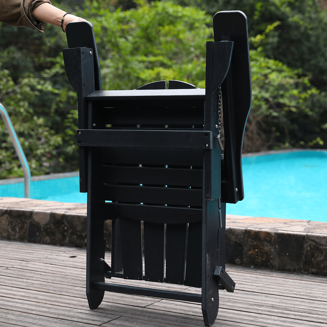 LiviNest HDPE Folding Adirondack Chair: 380lb Capacity All-Weather Patio Chair - Dual Cup Holders for Backyard Camping Poolside - Wood-Like Black Outdoor Seating