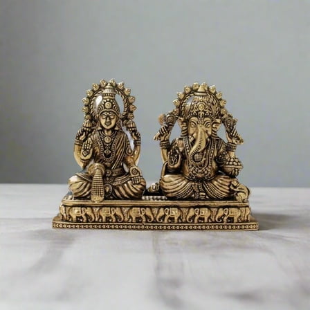 Brass Lakshmi Ganesh Idol – Small Size Handmade Murti for Home Temple, Office & Festive Décor