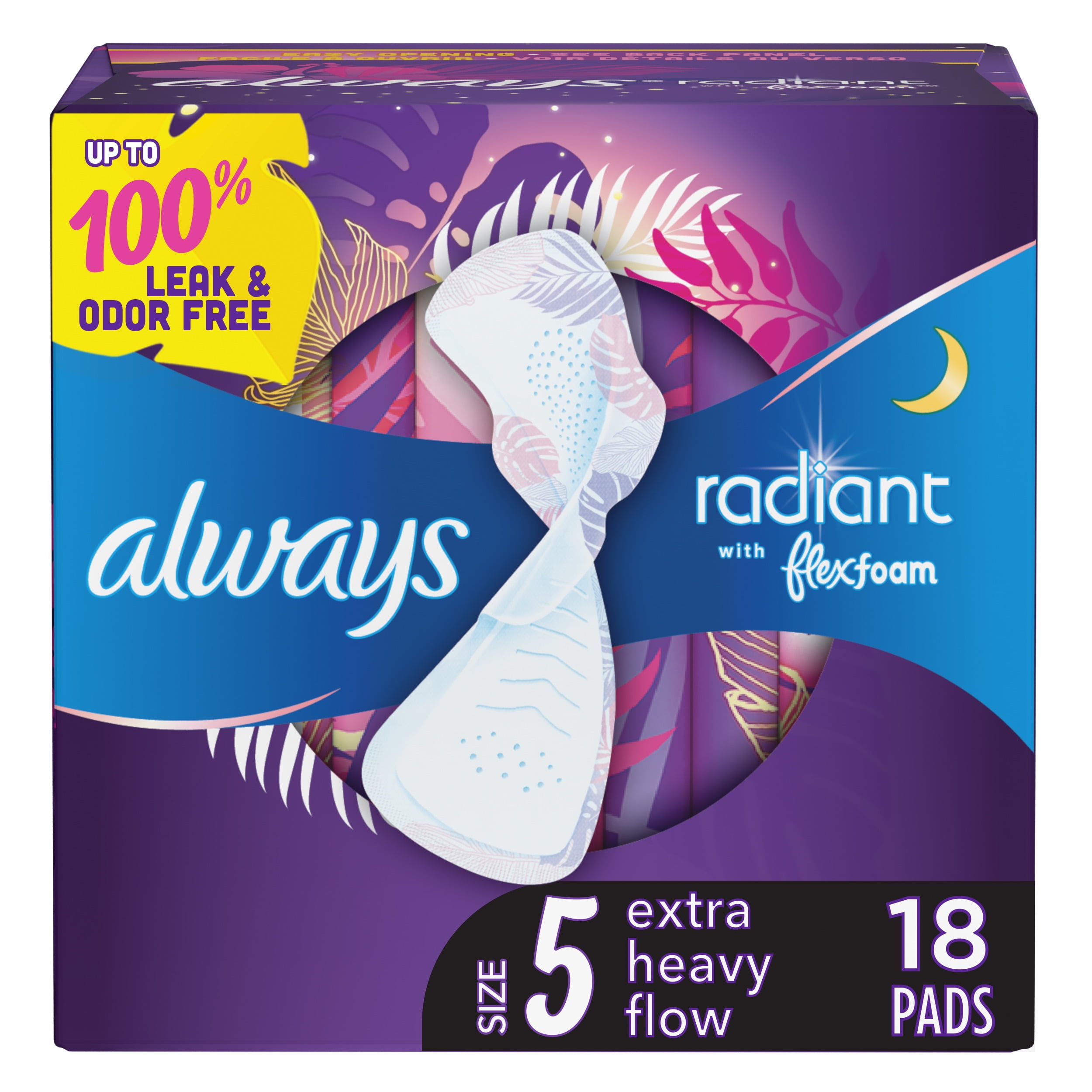 Always Radiant Heavy Overnight Pads, Winged, Scented, Size 5, 18 Ct