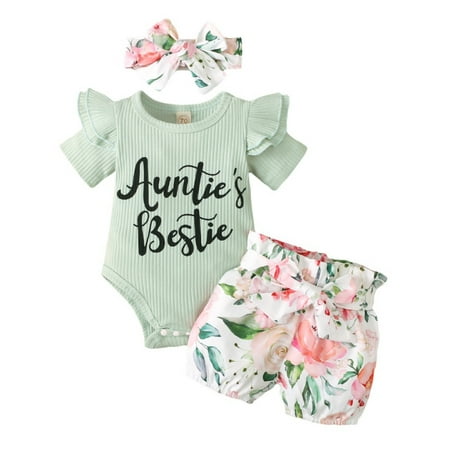 

Bullpiano Baby Girls Summer Letter Print Romper Bodysuit Floral Shorts Headband 3Pcs Outfits Set 0-18 Months