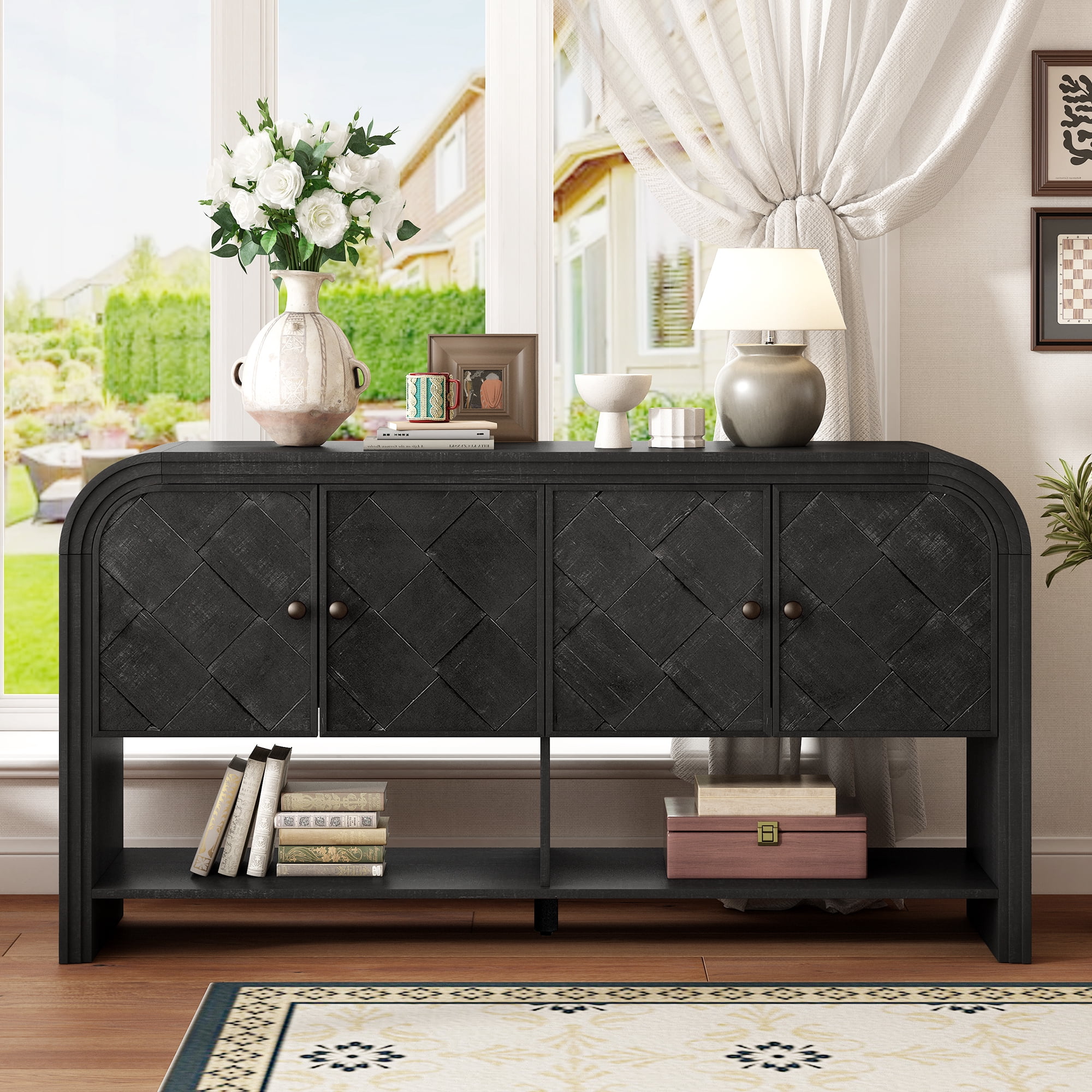 EUROCO 59.8" Long Console Table,Wood Entryway Table with 4 Doors and Open Storage Shelf, Narrow Long Sofa Table Behind Couch for Hallway, Living Room,Black