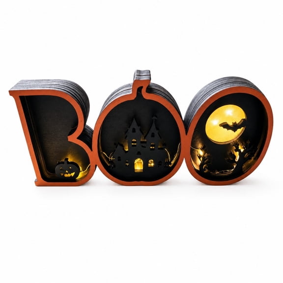Halloween Signs, 3D “Boo” Wooden Tabletop Sign with LED Light, Spooky Haunted House & Bat Cutout Design, Glowing Halloween Desktop Ornament for Shelf, Mantel & Party Decor