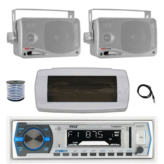 Pyle PLMRB29W Single DIN Bluetooth Marine MP3 AM/FM Stereo Receiver with White Cover, 22" Radio Antenna, Wire, 2x 3.5'' 200 Watt Max 3-Way Indoor/Outdoor Wall Mount Speaker (Silver)