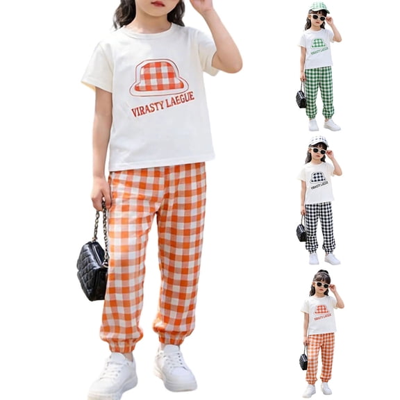 Girls Summer 2 Piece Outfits Crew Neck Short Sleeve Print Tees Plaid Elastic Waist Pants Casual Trendy Clothes (8 Years, Orange)