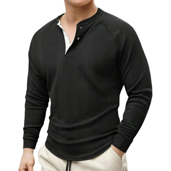 GuangCheng George Men Waffle Knit Henley Shirts,Long Sleeve,Slim Fit,Soft,Breathable,Comfortable,Button Placket,Casual Tees,Black,Size XL