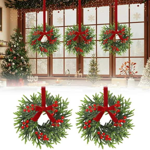 Christmas Wreath Cabinet Wreath for Kitchen, with Ribbon Bows and Red Berries, Small Window Wreath for Doors, Farmhouse Holiday Decoration Christmas Kitchen Wreath Holiday Cabinet Decor