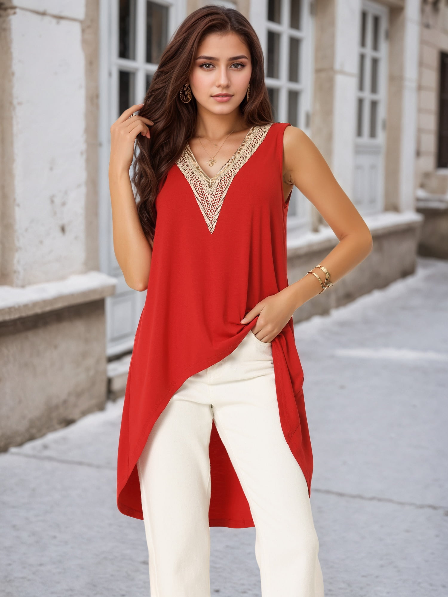 DARING DIVA High Low Asymmetrical Sleeveless Top L Red