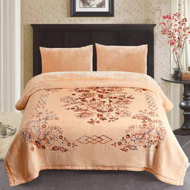 JML Couverture en Molleton d'Hiver Épaisse et Chaude pour Lit Très Grand, 2 Plis, Réversible, Douce, Couverture Raschel, 87"x94 Pouces, 10,5 Lb, Floral Beige