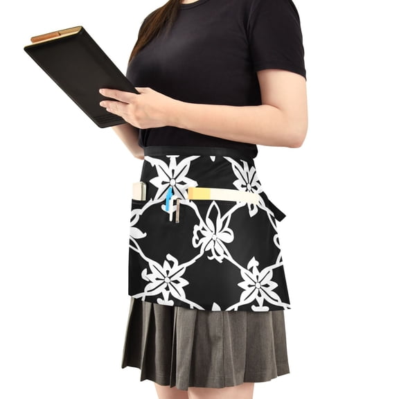 Black and White Art Pattern Server Apron with 3 Pockets Waist Apron for Waiter Waitress