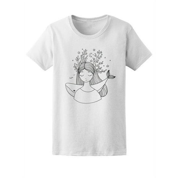 Cute Girl And Whale Sketch T-Shirt Women -Image by Shutterstock, Female Large