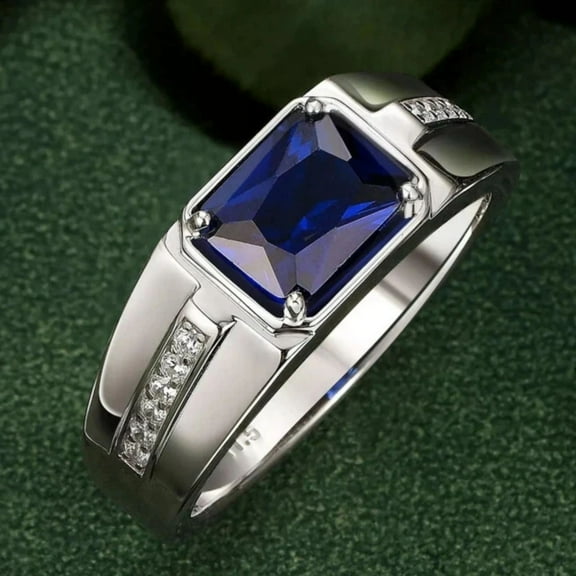 ClassicGems 3.00 CT Emerald Cut Lab Created Blue Sapphire And Diamond 14K White Gold Plated 925 Sterling Silver Men's Ring
