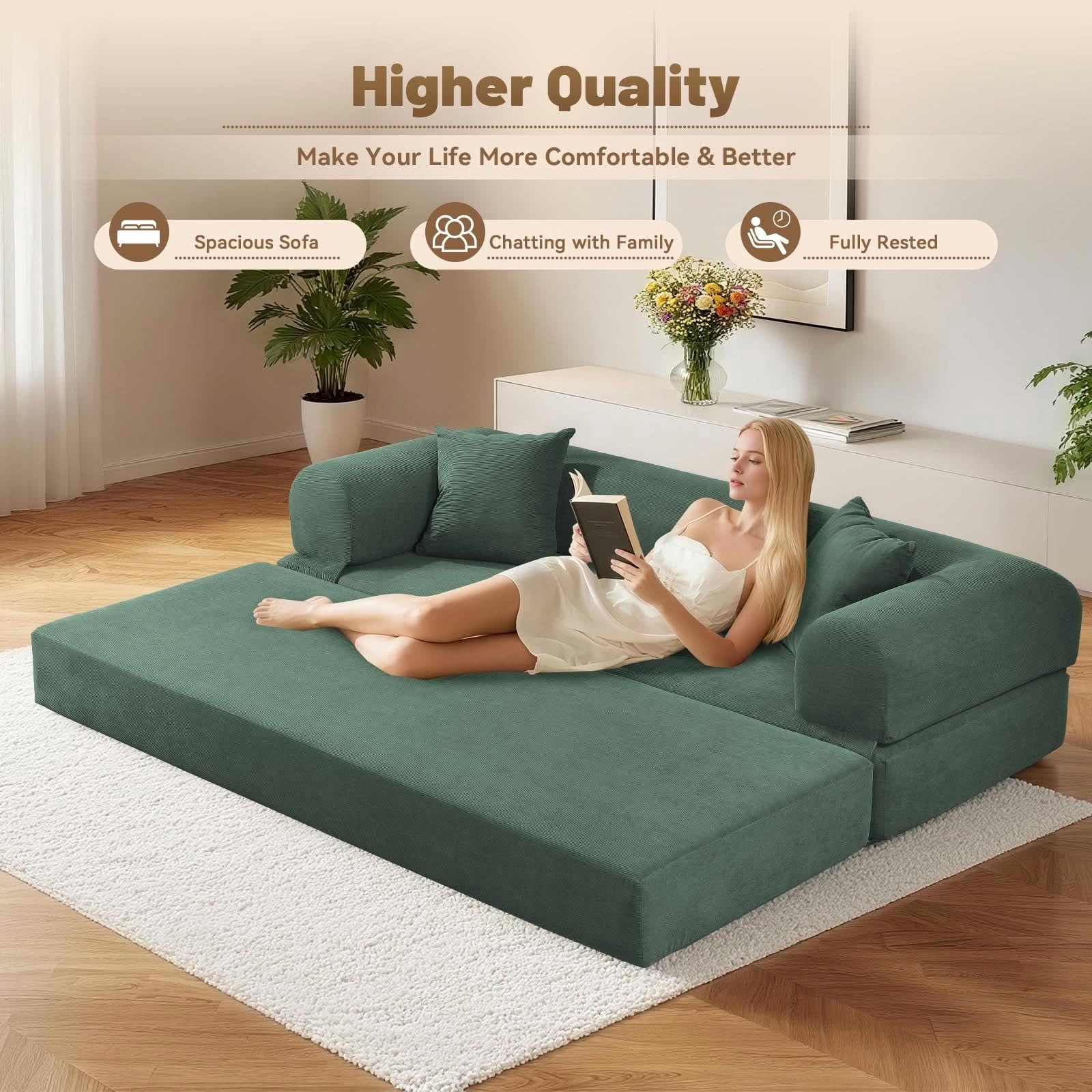 MAYEERTY 80" Light Green Corduroy Convertible Sofa Bed, 600lbs Queen Size Fold Out Sleeper Couch with Storage & No Assembly for Living Room