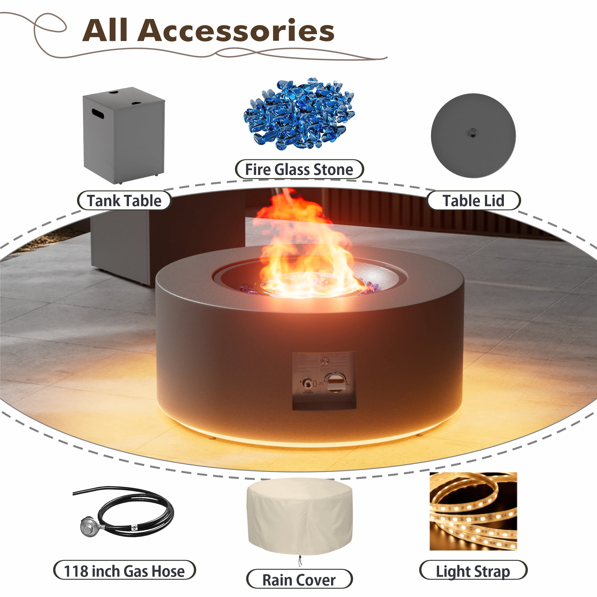 30 in. Round Propane Fire Pit Table with LED Light - 50,000 BTU Gray Outdoor Fire Pit with Tank Holder, Gas Fire Pits s for Outside (Dark Gray, Golden LED Light)