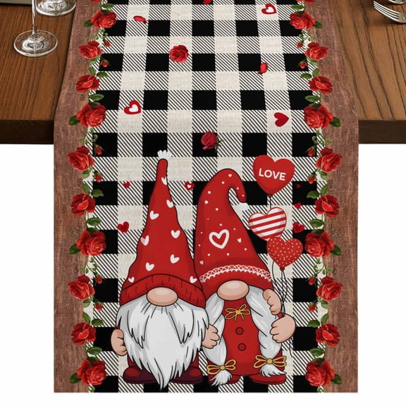 Table Runners 48 Inches Long Dress Scarves, Valentine's Day Farmhouse Kitchen Table Runner, Short Coffee Tablerunners, Retro Gnomes Love Rose Wooden Plaid 13x48 Inch