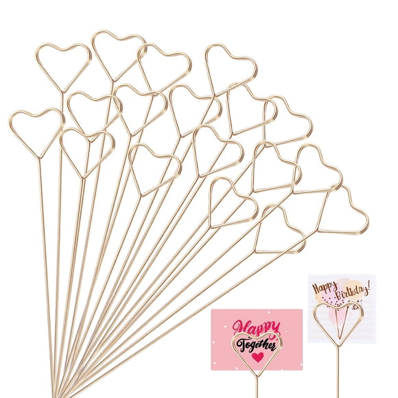 KIMOBER 30 soportes para tarjetas de metal con diseño floral de 13,4 pulgadas, diseño de corazón dorado, clips para notas fotográficas, soporte para tarjetas de regalo para arreglos florales, bodas y