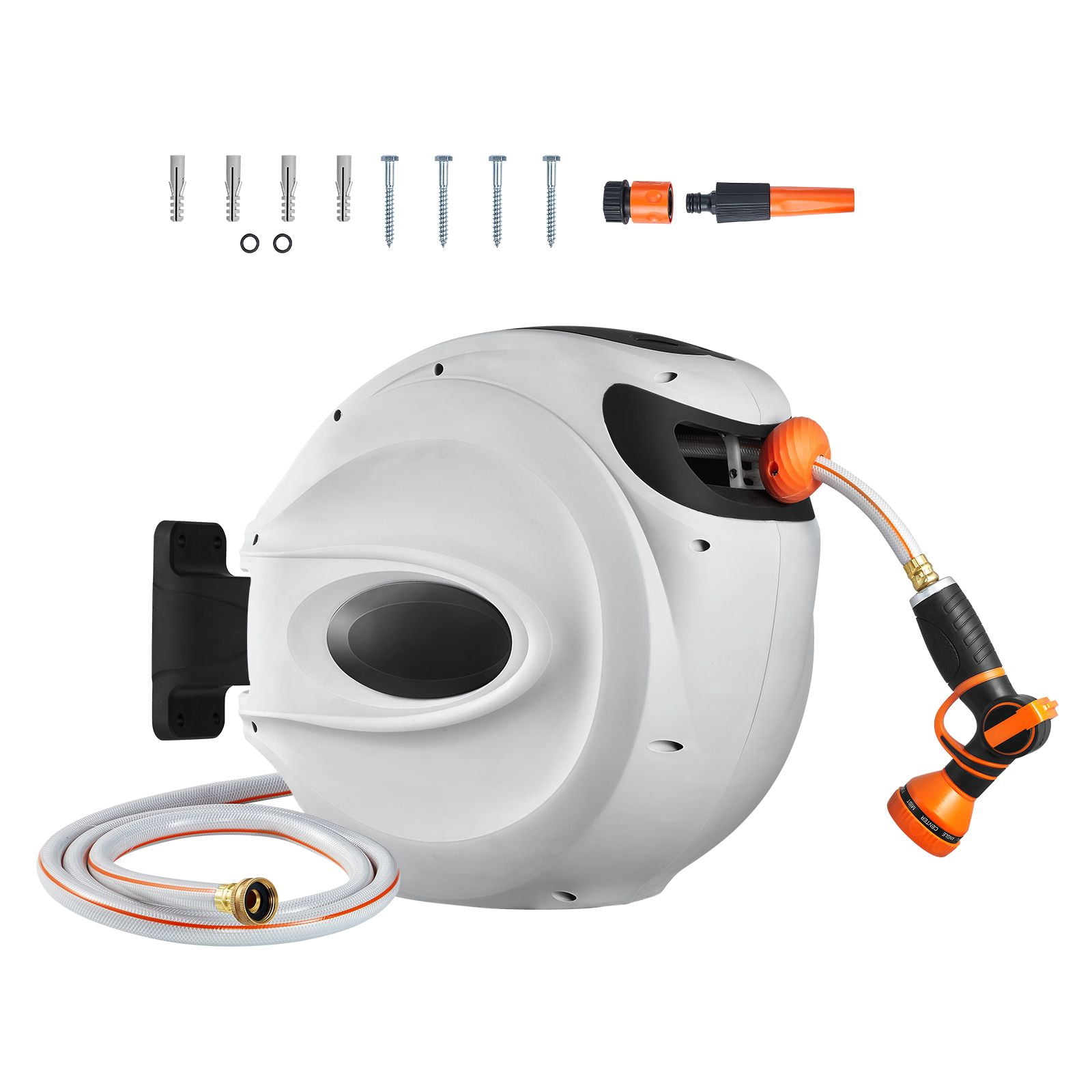 Retractable Hose Reel 65 ft x 5/8", Wall Mounted with 180° Swivel, 9-Pattern Nozzle, Auto Rewind