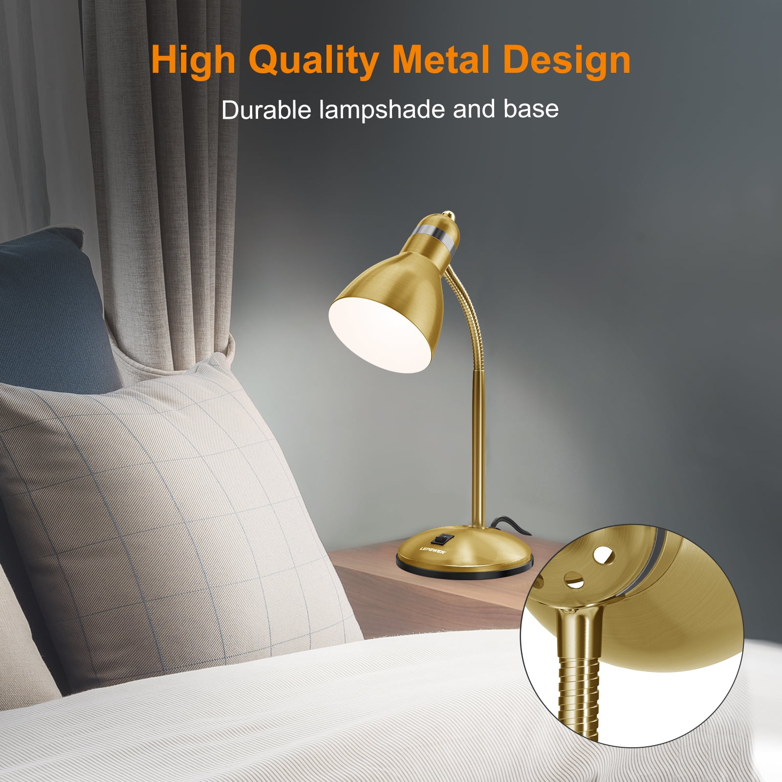 LEPOWER Metal Desk Lamp, Adjustable Gooseneck Table Lamp for Home, Office, Bedroom, Gold