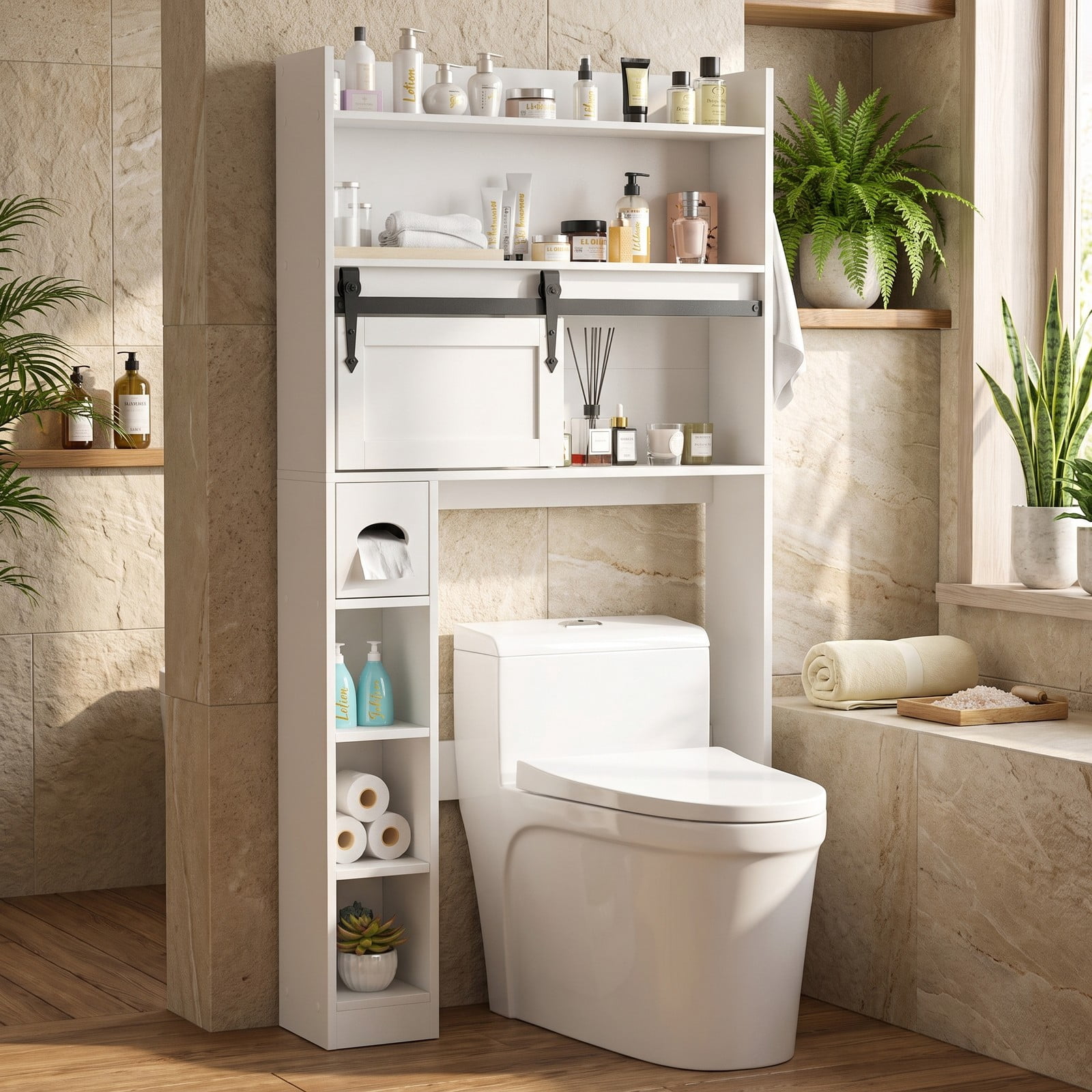 ALPULON Over The Toilet Storage Cabinet with Sliding Barn Door and 2 Adjustable Shelves, Freestanding Bathroom Space Saver Organizer Over Toilet, White
