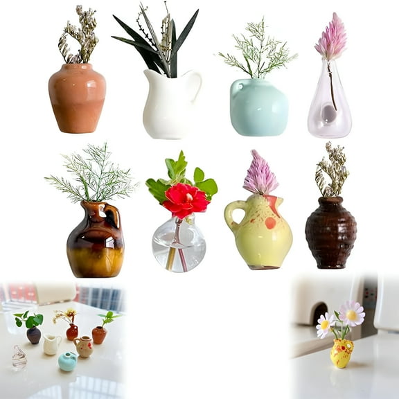 ACDANC 2026 New Mini Bud Vases Magnetic, Funny Mini Plant Magnets for Fridge, Ceramic Vases Refrigerator Magnets, Tiny 3D Plant Vases for Home, Kitchen, Office, School, Locker, Whiteboard (8Pcs)