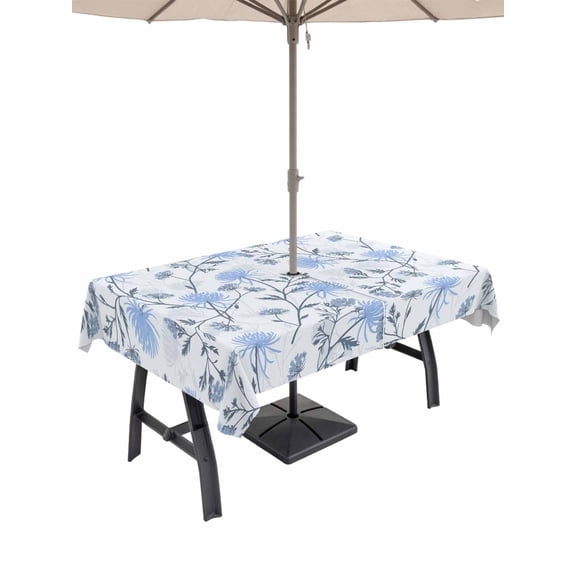 Outdoor Tablecloths with Umbrella Hole & Zipper, Blue Spring Floral Rectangle Tablecloth 60x120 Inch, Flowers Leaves Pastoral Botanical Waterproof Table Cloth, Patio/Pool/Picnic Table Covers