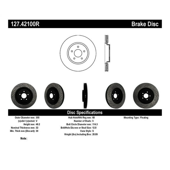 StopTech 127.42100R StopTech Sport Rotors; Drilled And Slotted; Front Right;13.98 in. Dia.; 1.94 in. Height; Fits select: 2010-2013 INFINITI G37, 2014-2015 INFINITI Q50 BASE/PREMIUM/SPORT