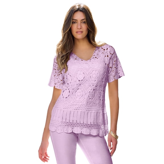 Roaman's Women's Plus Size Medallion Pattern French Crochet Sweater Top