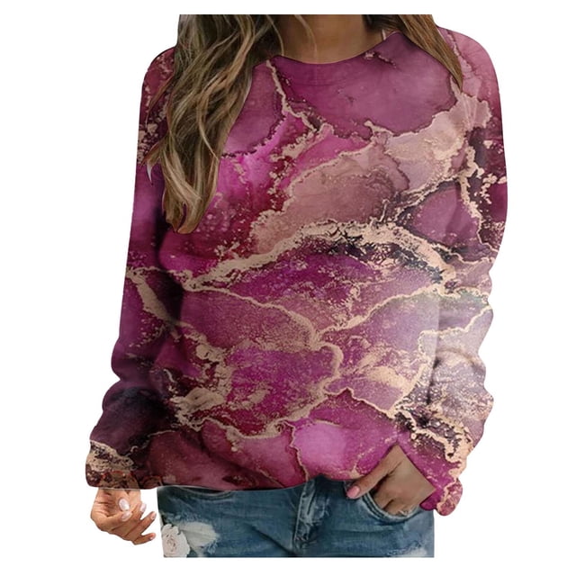 IROINID Aubaines T-Shirts à Manches Longues pour Femmes Chandail à Col Rond Imprimé Blouse Chandail Haut, Rose Vif