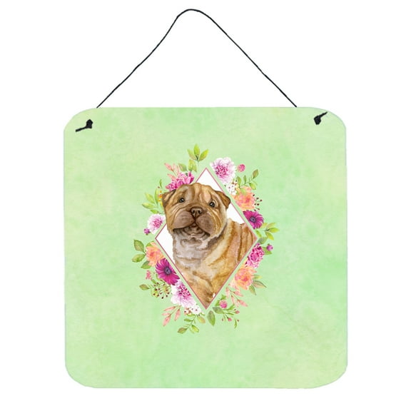 Carolines Treasures CK4341DS66 Shar Pei Green Flowers Wall or Door Hanging Prints 6x6 multicolor