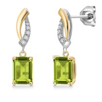 Gem Stone King 925 Silver and 10K Yellow Gold Green Peridot and Lab Grown Diamond Dangle Earrings for Women | 2.05 Cttw | Gemstone August Birthstone | Emerald Cut 7X5MM