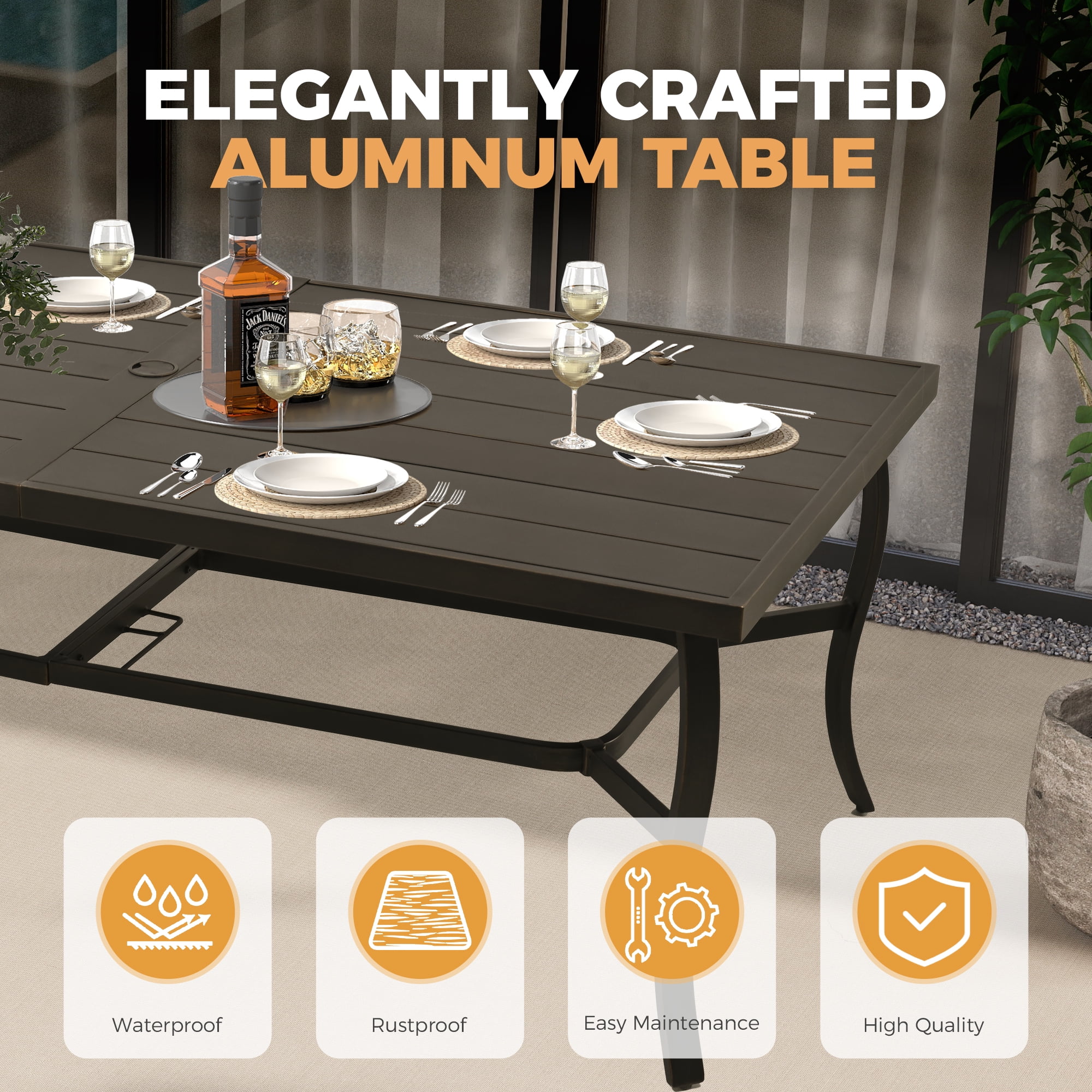 HAPPATIO Aluminum 9 Piece Patio Dining Sets, Outdoor Dining Set for 8, Patio Furniture Sets, 2 Swivel Dining Chairs, 6 Dining Chairs, Aluminum Furniture Set for Patio, Yard (Black)