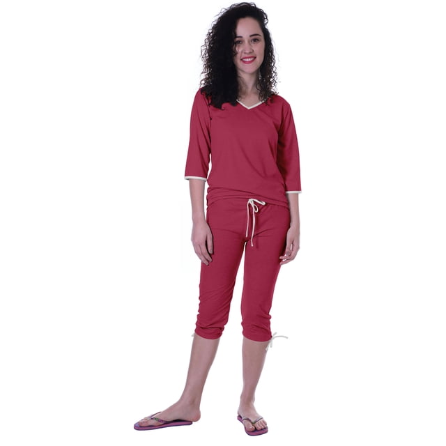 Moomaya Ensemble de Nuit Uni pour Femmes avec Capri en Coton, 2 Pcs de Chemises de Nuit