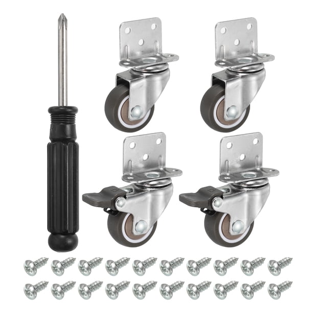 Combo de ruedas giratorias con placa en forma de L de 1.25", 4 paquetes de rodillos de montaje lateral TPE con tornillos de freno, marrón