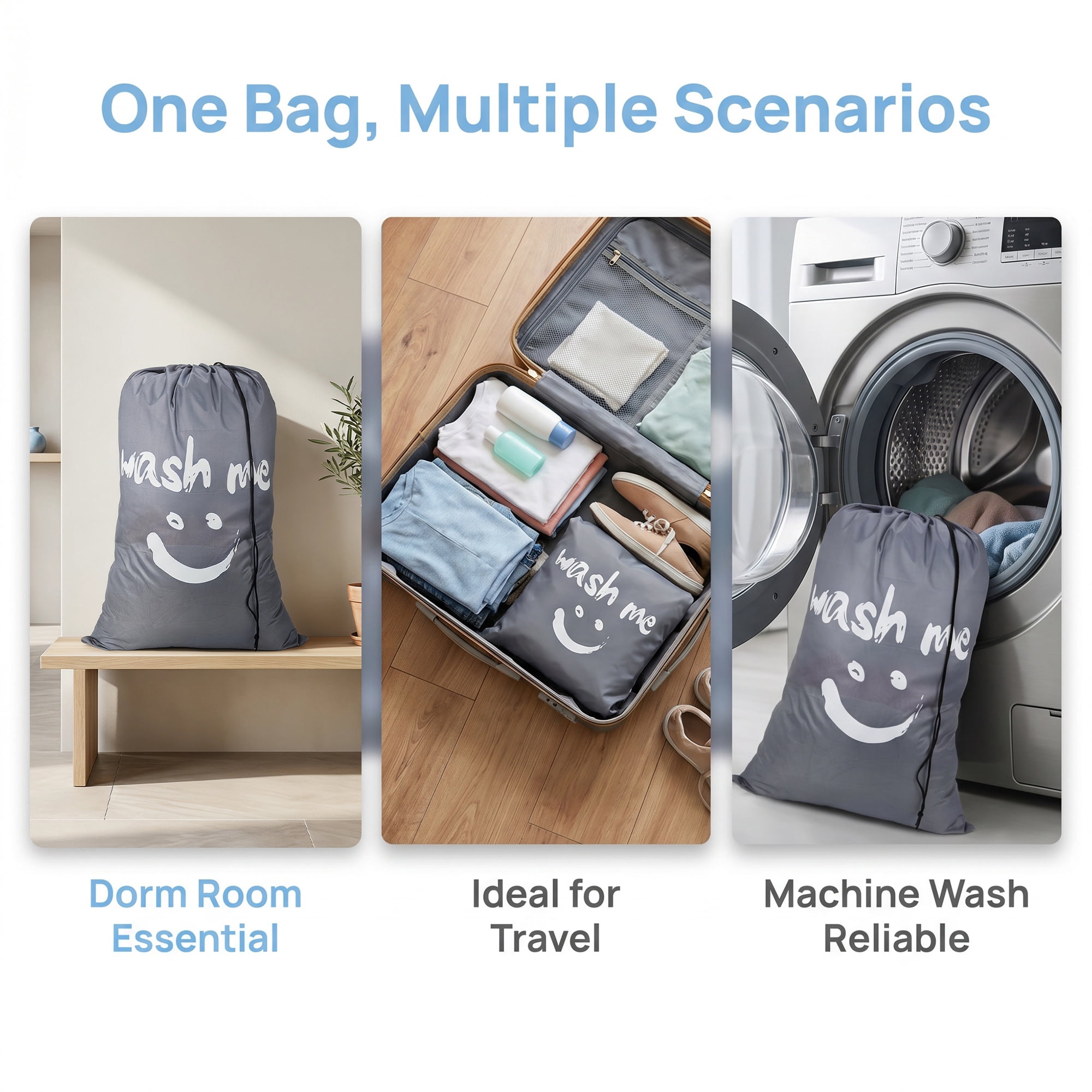 Unique Bargains 2Pcs Waterproof Wet Dry Travel Laundry Bag Gray 24" x 36.2"