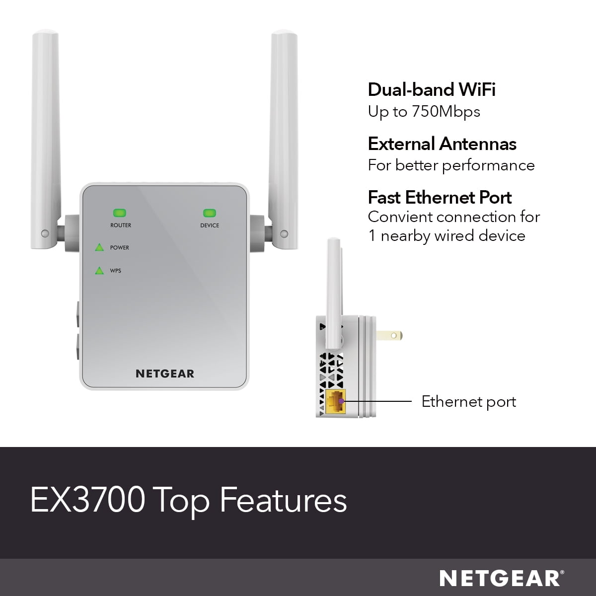 NETGEAR - AC750 Extender and Booster, Wall-plug, 750Mbps ( EX3700) -