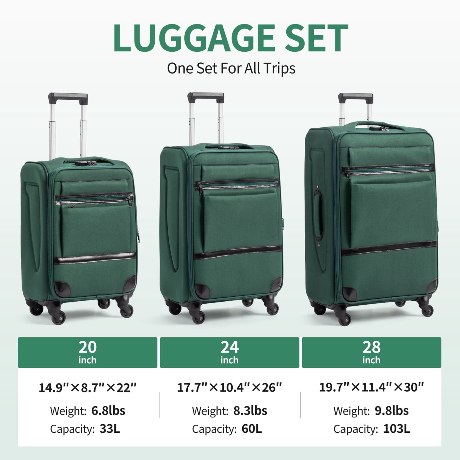Ktaxon 3-Piece Softside Luggage Set With 8 Set Pcaking Cube TSA Lock, 360° Spinner Wheels Green