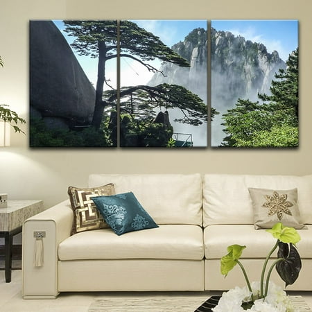 wall26 3 Panel Canvas Wall Art - The Famous Guest-Greeting Pine in Yellow Mountain, China - Giclee Print Gallery Wrap Modern Home Decor Ready to Hang - 24