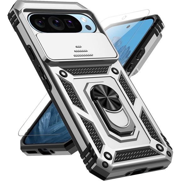 for Google Pixel 9 Pro XL Case with Slide Camera Cover HD Screen Protector [Military Grade 16ft. Drop Tested] Magnetic Ring Holder Kickstand Protective Phone Case for Google Pixel 9 Pro XL, Silver