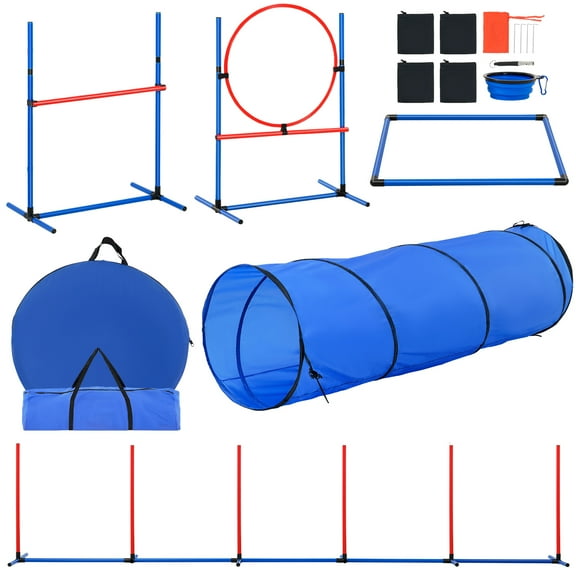 KFFKFF Canine Agility Prep Kit, Includes 5 Items: Variable Height Barriers, 6 Slalom Poles, Play Tunnel, Hoop Jump, Resting Square, Whistle, Collapsible Dish, & Carrying Cases for Easy Storage