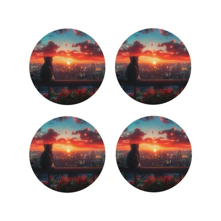 

Tideii Cat Watching City Sunset for Leather Coasters 4 Pieces Anti-fouling and Anti-scalding Decorative Coasters Suitable for Restaurants Kitchens Coffee Shops-Round Shape