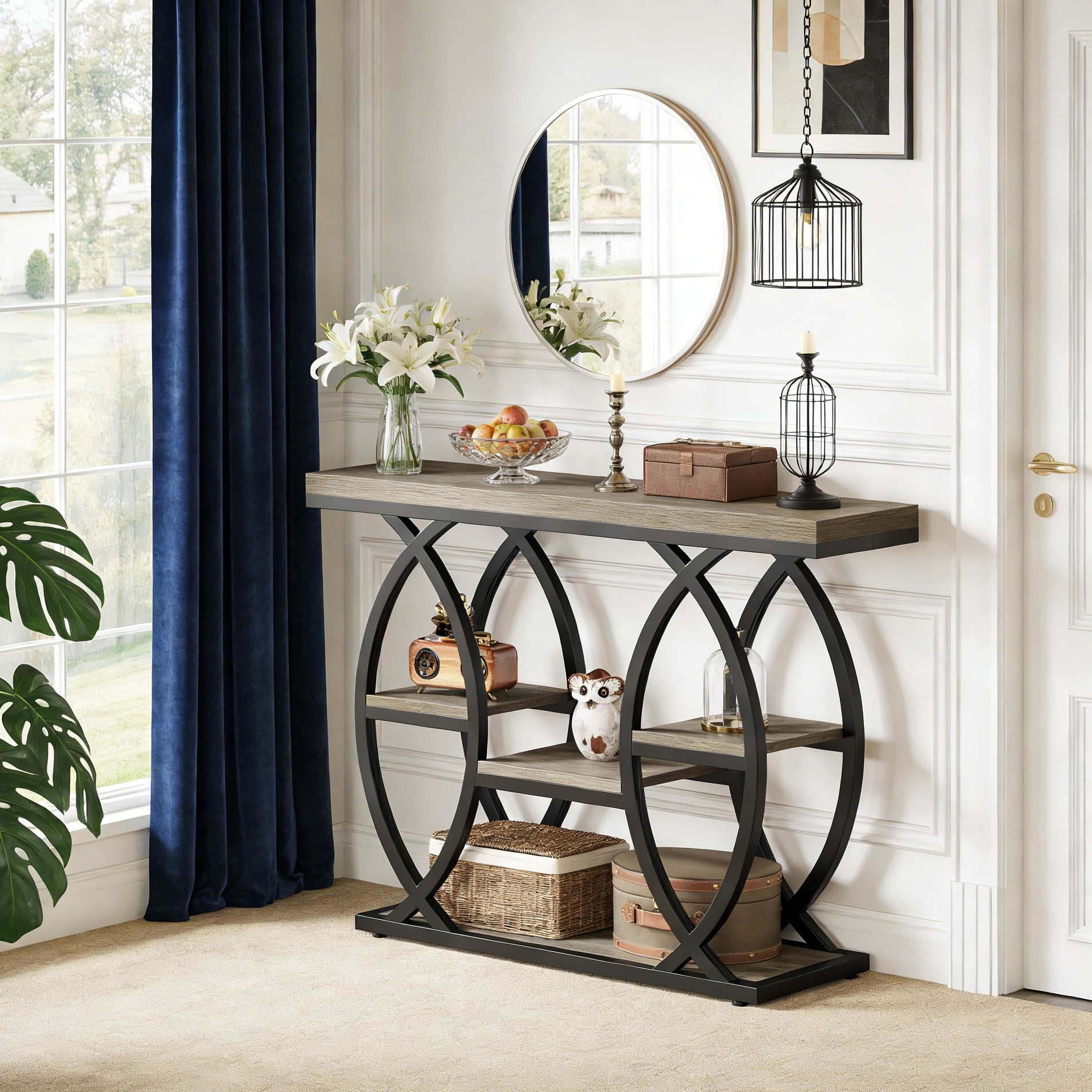 Fnova 39.4" Industrial Console Table, 4-Tier Retro Staggered Storage Shelves, Narrow Wood Accent Table with Metal Frame, for Small Spaces, Entryway, Sofa, Hallway
