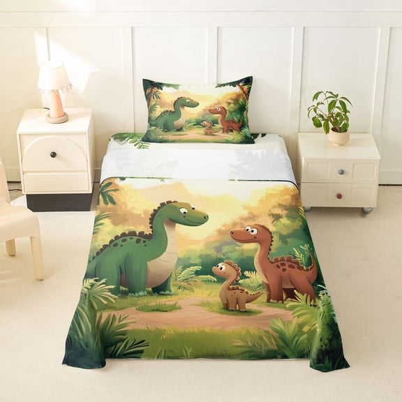 Feelyou Kawaii Family Dino Twin Sheet Sets for Kids, Sunshine Wildlife Bedding, Green Orange, 3-Piece