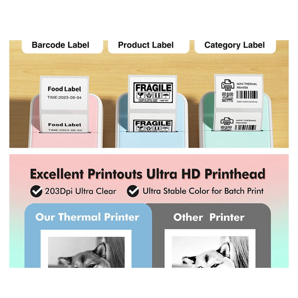 Portable Thermal Printer Mini Printer with Stickers Printer for Notes Journal DIY Kids Gift Green