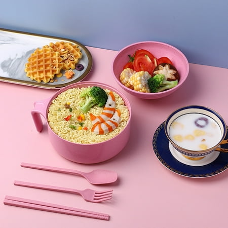 

Wheat straw noodle bowl creative students noodle bowl with lid fork spoon chopsticks bowl tableware set