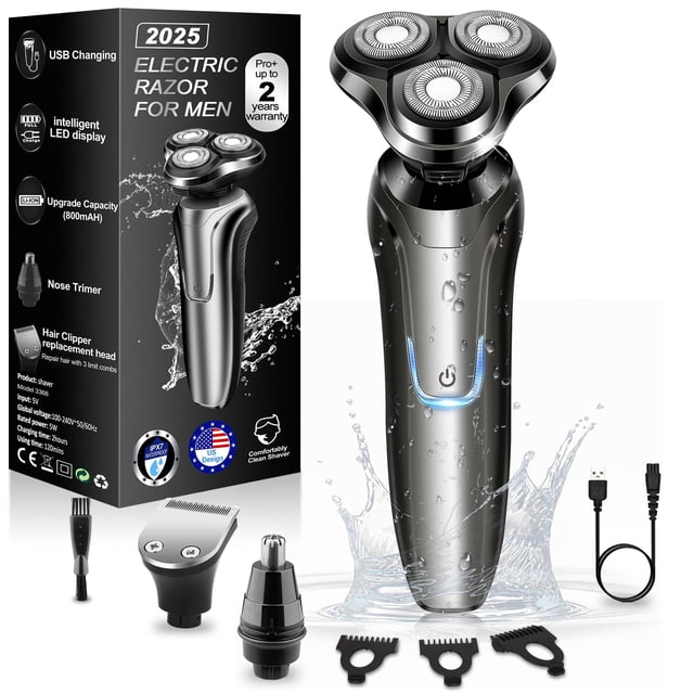 Handsomeface Rasoir Électrique pour Hommes, Rasoirs Électriques pour Hommes, Rasoir Rotatif 4 en 1 à Sec et Humide, Étanche, Rasoirs, Rasoir pour le Visage Sans Fil Rechargeable par USB pour le Rasage, Cadeau de Voyage pour D