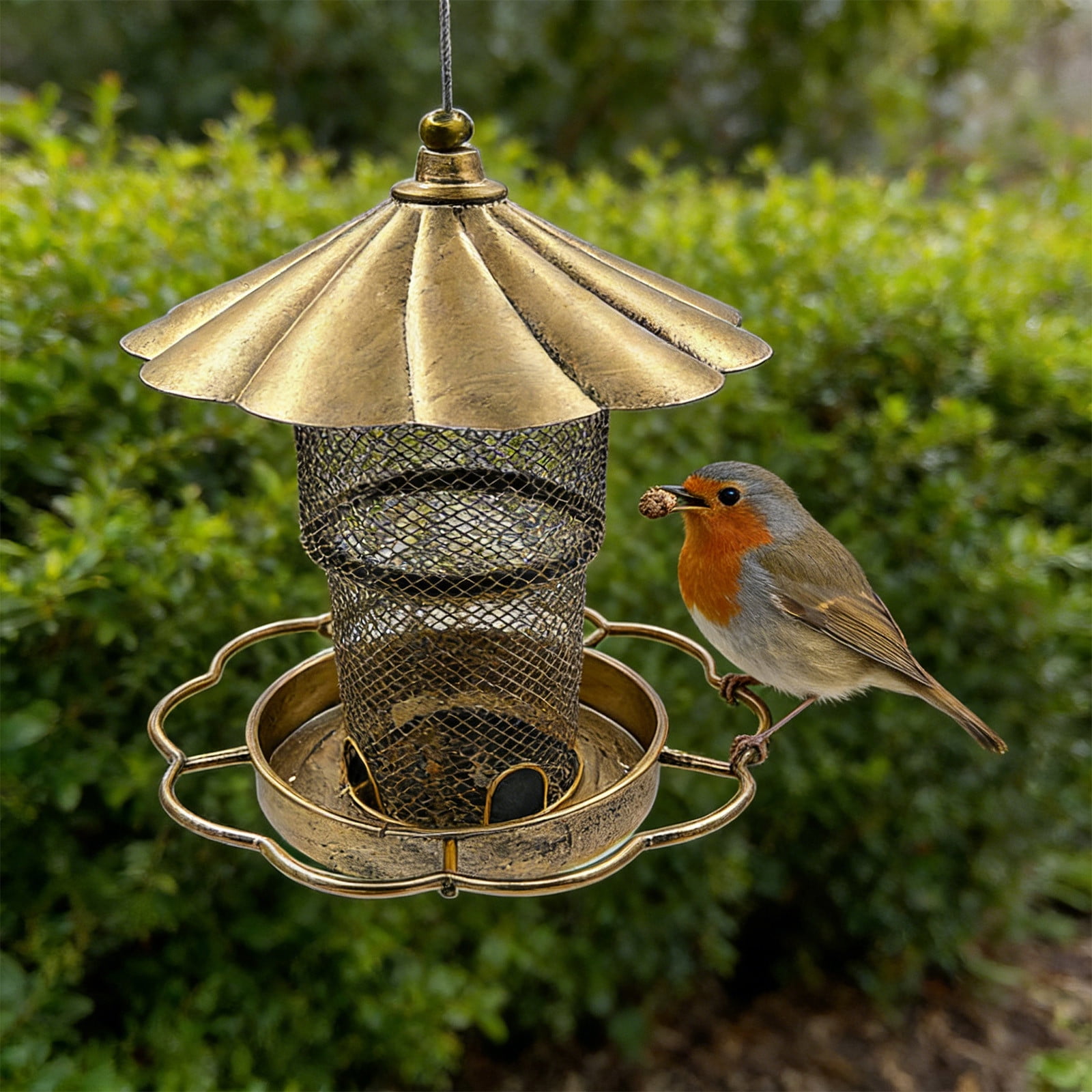 Gazebo Style Metal Bird Feeder for Outdoors, Heavy Duty Iron Hanging Feeder with Weather Resistant Roof for Garden, Patio, Yard, Gold Finish, Easy to Clean and Fill