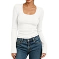 thumbnail image 2 of Women's Square Neck Long Sleeve Ribbed Slim Fit Layering T Shirt Top,White,Women's Plus Size L, 2 of 8