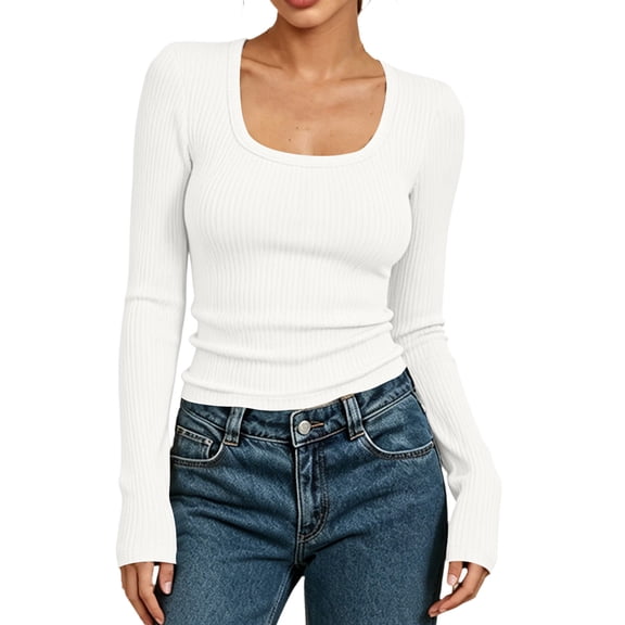 Vrorvz Ribbed Knit Shirt for Women Long Sleeve Square Neck Shirts Fall Winter Outfit Casual Stretchy Clothes