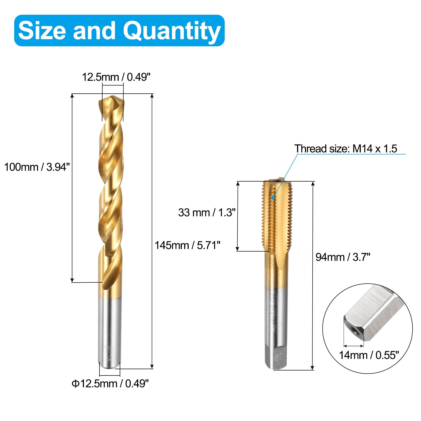 Uxcell Tap and Drill Bit Set, 1pcs M14 x 1.5 Straight Flute Thread Screw Taps & 1pcs 12.5mm Twist Drill Bits, Titanium Coated HSS-6542 Tapping Threading Tool Kit