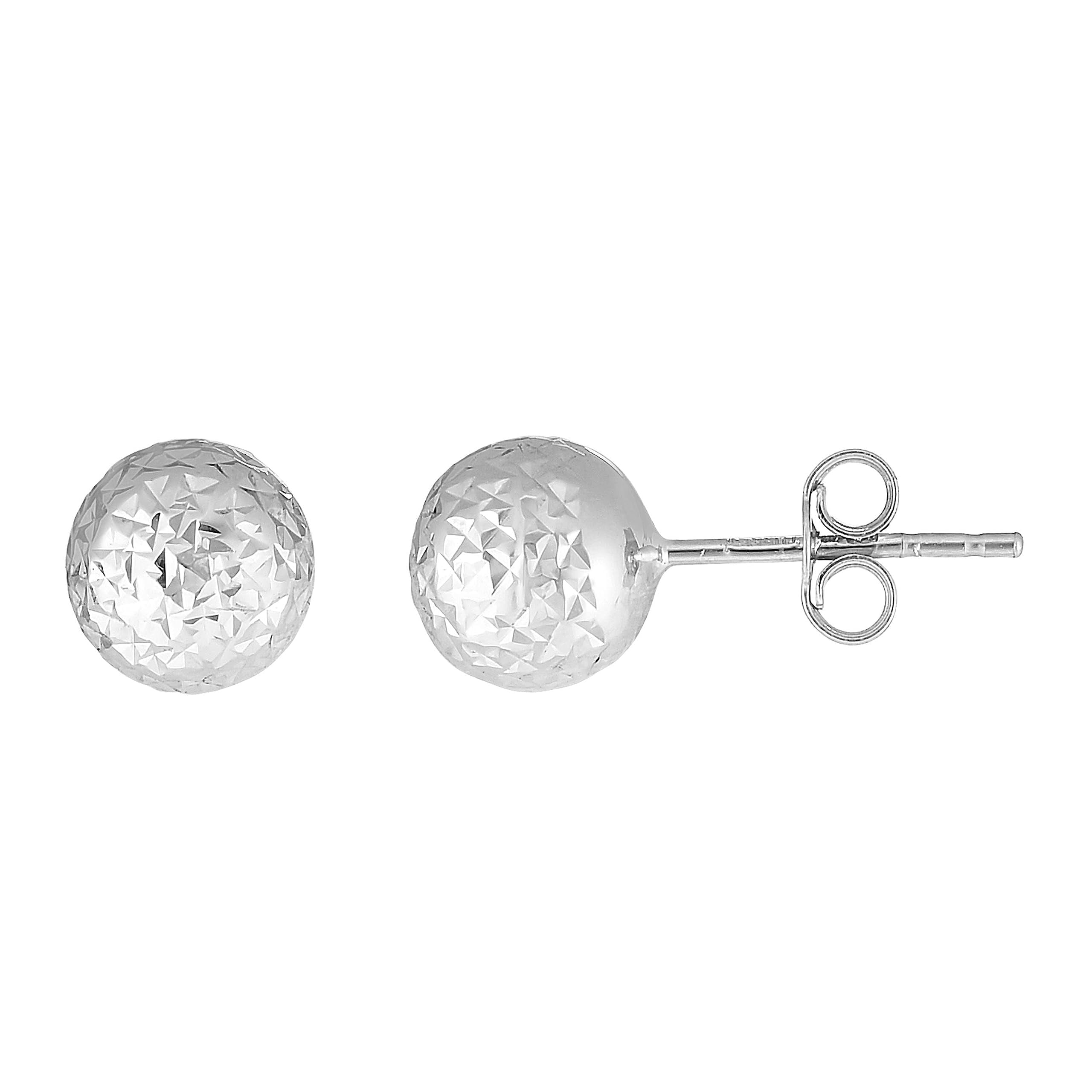 JewelStop 14K White Gold 7mm Ball Stud Earrings with Diamond Cut Textured Finish and Push Back Clasp