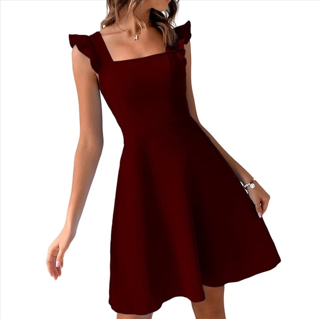 Vestido Corto con Lazo y Espalda Descubierta para Mujer, Modelos de Verano, Vestidos Halter, Vestidos de Fiesta Vino Tinto M
